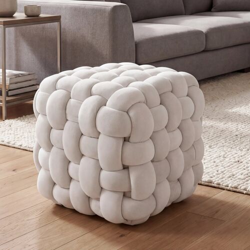 Pouf HWC-Q48, pouf ottomane rembourré à n?uds, velours (220 g/m²) 39 cm   beige