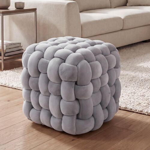 Pouf HWC-Q48, pouf ottoman rembourré à n?uds, velours (220 g/m²) 39 cm   gris foncé
