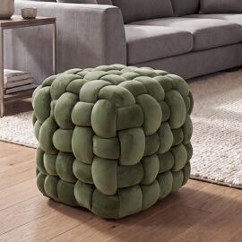 Pouf HWC-Q48, pouf ottoman rembourré à n?uds, velours (220 g/m²) 39 cm vert