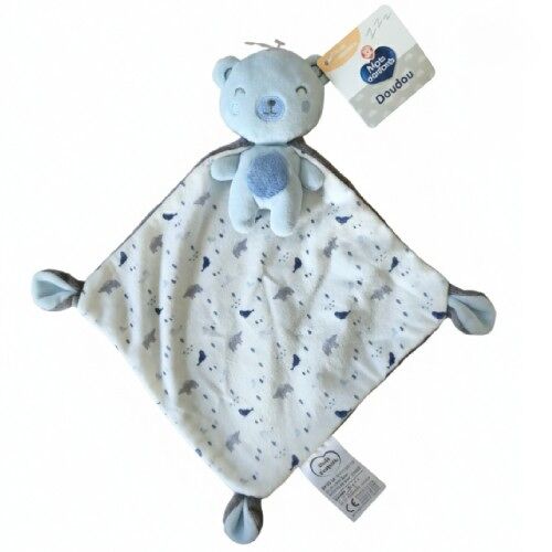 Peluche doudou ours polaire bleu clair gris et blanc mots d'enfants imprimé phoques