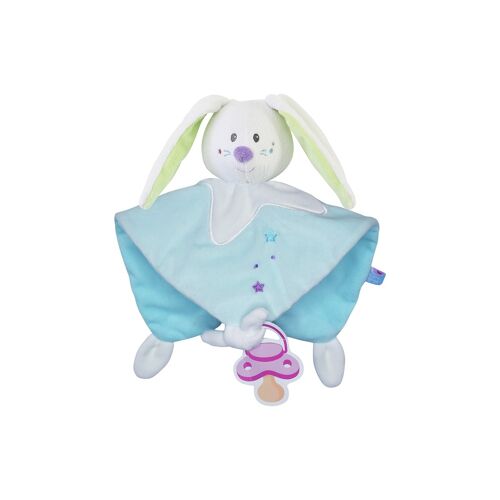 Peluche doudou lapin bleu vert blanc qui brille dans le noir sucre d'orge broderie étoiles mauve