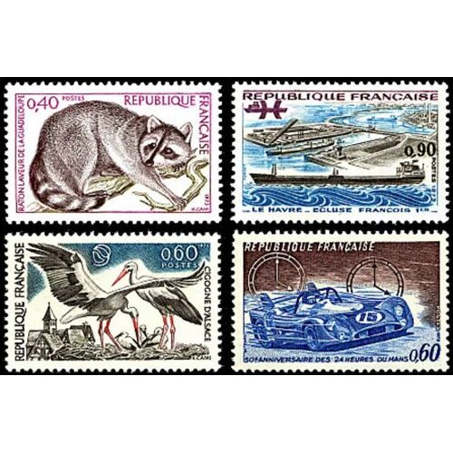 France 1973, Très Beaux Timbres Neufs** Luxe Yvert 1754 1755 Protection De La Nature, Raton-Laveur Et Cigogne, 1761 50 Ans Des 24h Du Mans Et 1772 Le Havre, Écluse François 1er.