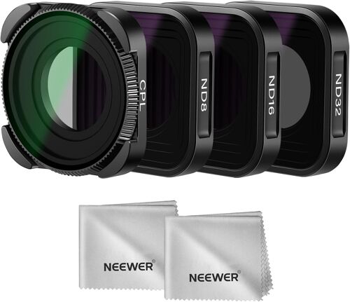 NEEWER Packs de 4 Filtres ND Compatibles avec GoPro Hero 13 12 11 10 9 (ND8 ND16 ND32 CPL) Filtres Polarisants Multicouches HD Slim à Densité Neutre pour Caméra Action avec 2 Chiffons Nettoyage (Noir)
