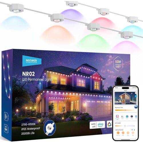 Neewer Guirlande Lumineuse D'extérieur Permanente 192ft Pour Décoration De Maison,Éclairage De Noël Intelligent Avec 120 Led Rgbcw,Contrôle Par App,53 Scènes,Étanche Ip67,Compatible Avec Alexa, Nr02