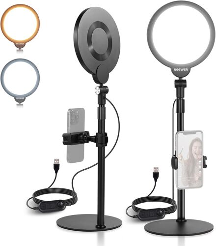 NEEWER BASICS Pack de 2 anneaux lumineux de bureau 7 pouces pour enregistrement vidéo, éclairage plein écran 10W à intensité variable avec supports et supports de téléphone pour iPhone, R06