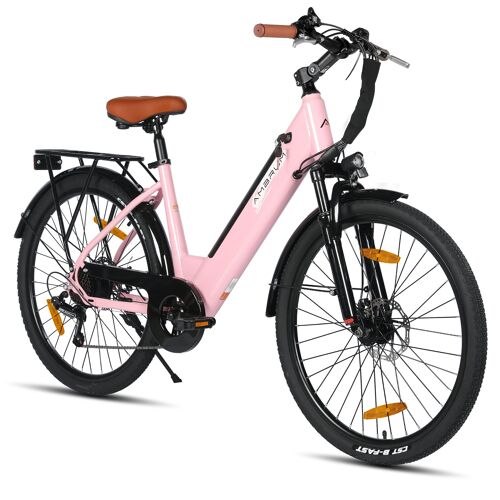 Hiland Vélo Électrique 26 Pouces 250w, 7 Vitesses Pour Hommes Et Femmes Avec Cadre En Acier, Vélo De Ville Électrique Avec Batterie 36v 7.8ah, Vélo De Commuting Pour Adultes - Rose