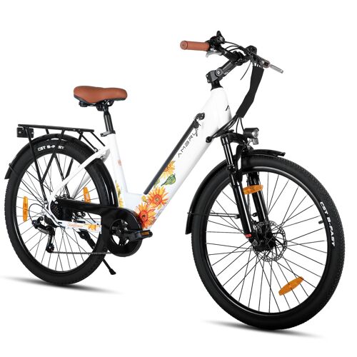 Hiland Vélo Électrique 26 Pouces 250w, 7 Vitesses Pour Hommes Et Femmes Avec Cadre En Acier, Vélo De Ville Électrique Avec Batterie 36v 7.8ah, Vélo De Commuting Pour Adultes - Blanc