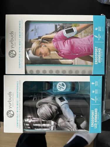 LOT DE BRASSARD de sport Yurbuds ErgoSport pour femme, compatible avec l'iPhone, gris et turquoise, neuf sous blister