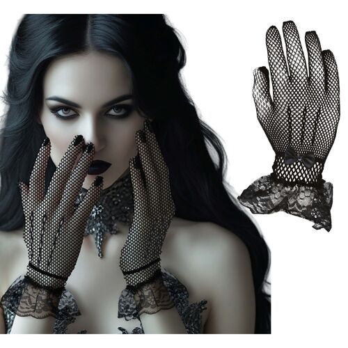 Paire De Gants Gothique Maille Dentelle Noir Femme