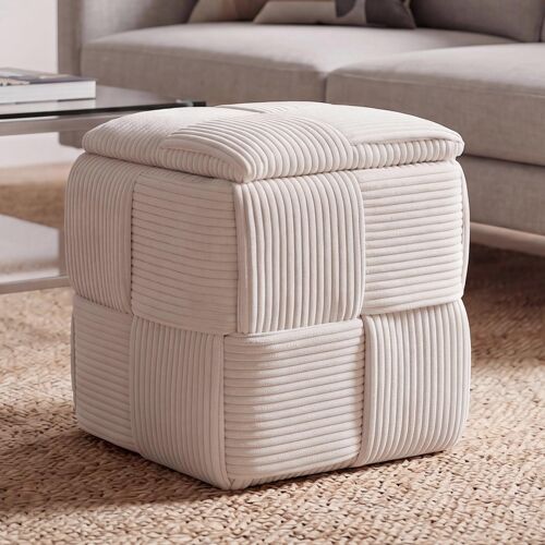 Pouf HWC-Q47, pouf ottomane rembourré, avec couvercle et compartiment de rangement, en Velours (260 g/m²) 43 x 40 x 40 cm   crème