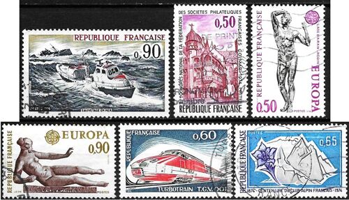 France 1974, Beaux Timbres Yvert 1788 Club Alpin Français, 1789 1790 Europa, Sculptures De Maillo Et Rodin, 1791 Sauvetage En Mer, 1798 Congrès Philatélique, 1802 Le Turbotrain Ou Tgv 001, Obli. Tbe