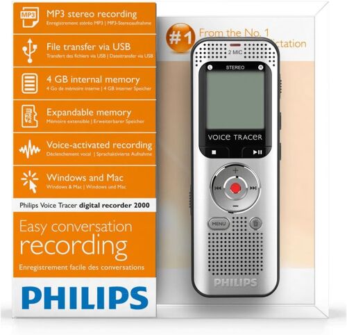 Philips DVT2000 dictaphone pearlcorder 4 Go avec entrée carte micro SD et radio FM intégrée - Argenté