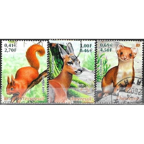 France 2001, Beaux Timbres Oblitérés Yvert 3381 3382 Et 3384, Animaux - Nature De France, L'Écureuil, Le Chevreuil Et L'Hermine.