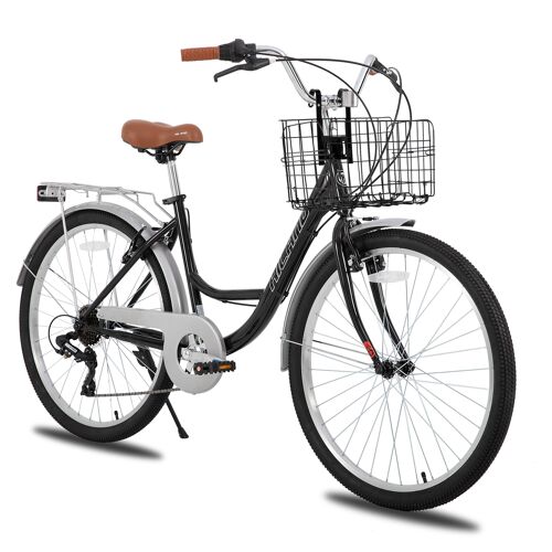Hiland Vélo De Ville 26 Pouces Pour Adultes, Cadre Step-Through (Femme) Avec Porte-Bagages & Panier, 7 Vitesses Homme Et Femme, Vélo Hollandais Citybike, Vélo De Ville Pour Hommes - Noir
