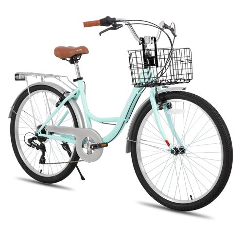 Hiland Vélo De Ville 26 Pouces Pour Adultes, Cadre Step-Through (Femme) Avec Porte-Bagages & Panier, 7 Vitesses Homme Et Femme, Vélo Hollandais Citybike, Vélo De Ville Pour Hommes - Vert