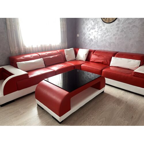 Canapé angle en cuir rouge et table basse