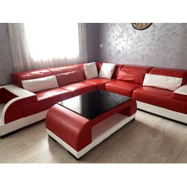 Canapé angle en cuir rouge et table basse