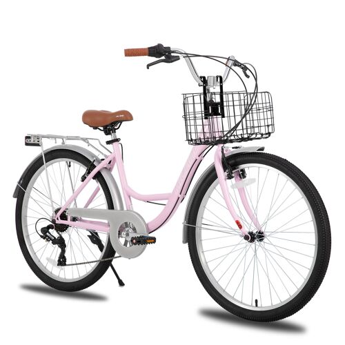 Hiland Vélo De Ville 26 Pouces Pour Adultes, Cadre Step-Through (Femme) Avec Porte-Bagages & Panier, 7 Vitesses Homme Et Femme, Vélo Hollandais Citybike, Vélo De Ville Pour Hommes - Rose