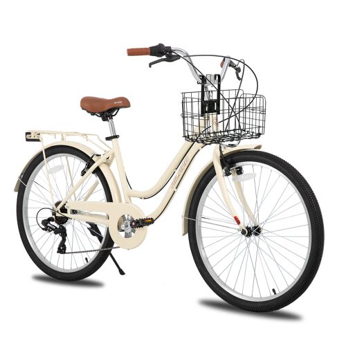 Hiland Vélo De Ville 26 Pouces Pour Adultes, Cadre Step-Through Avec Porte-Bagages Et Panier, 7 Vitesses Homme Et Femme, Vélo Hollandais Citybike, Vélo De Ville Pour Hommes - Beige