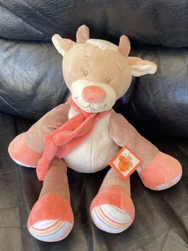 DOUDOU VACHE BEIGE ROSE MARRON RAYURES BLANC LES ZAMIS NATTOU 30CM