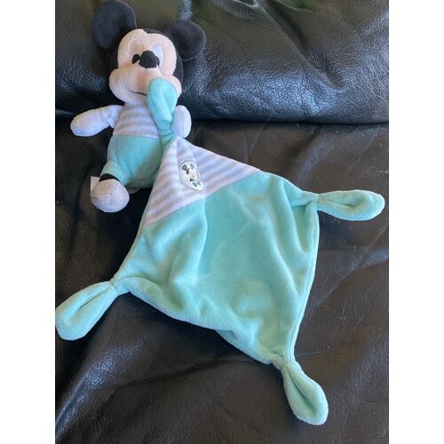 Disney doudou Mickey souris bleu turquoise blanc gris rayé mouchoir cube
