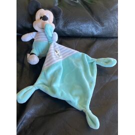 Disney doudou Mickey souris bleu turquoise blanc gris rayé mouchoir cube