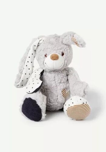 Peluche doudou lapin tao gris bleu et beige tape à l'oeil imprimé étoiles et broderie coeur rayé