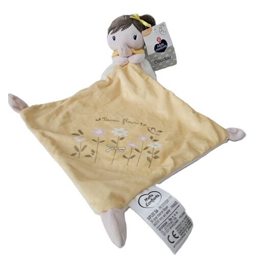 Peluche doudou fille brune à robe jaune mots d'enfants imprimé bisou fleuri papillon
