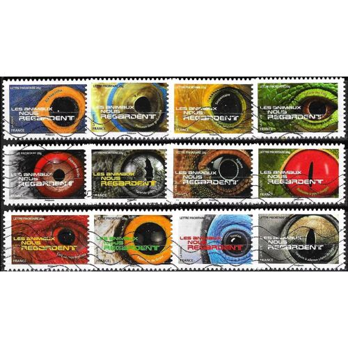 France 2015, Belle Série Complète 12 Timbres Yvert 1152 À 1163, « Les Animaux Nous Regardent », Oblitérés, Tbe.