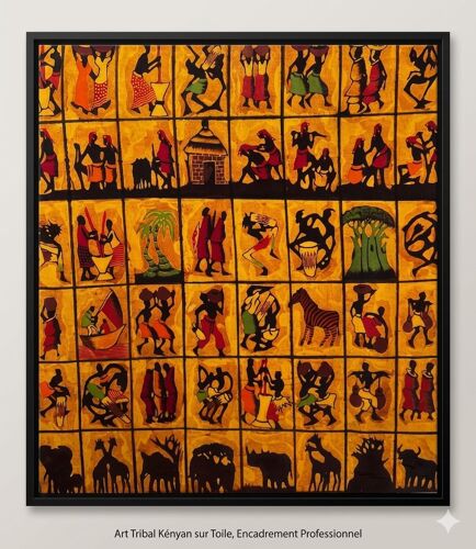 Tableau D'Art Tribal Kényan - Toile De Marché Artisanale, Encadrement Professionnel