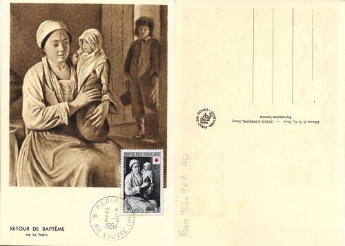 France 1953 / 1954, Belle Carte Postale 1er Jour, Timbre Yvert 967, Au Profit De La Croix Rouge, "Le Retour Du Baptème", D'Après Le Nain, Cachet De Paris, Rue Du Louvre, Cote 20 Euros.