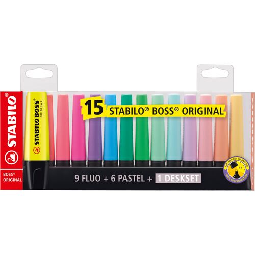 Stabilo Boss Original Marqueur 15 Pièces Pointe Biseautée Multicolore