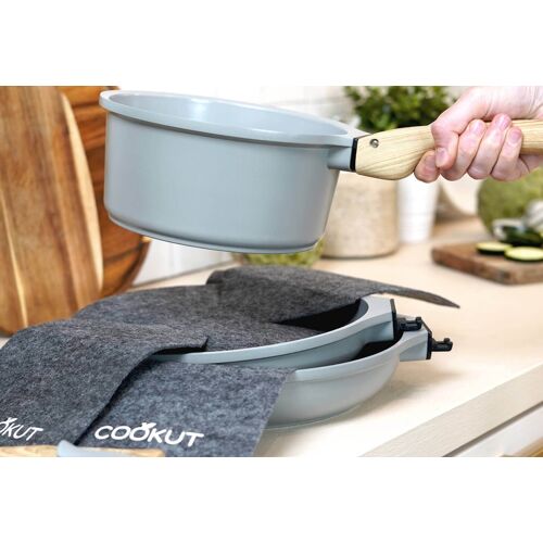 L'Incroyable Kit Cookut 2 Poêles 28cm 24cm Et 1 Casserole 20cm À Poignée Amovible - Gris Perle
