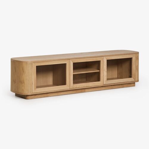 Meuble TV 180x40 cm en MDF et verre trempé Walia Marron Chêne