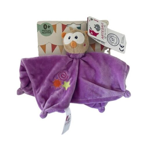 Peluche doudou chouette mauve artesavi broderie étoile soleil spirale