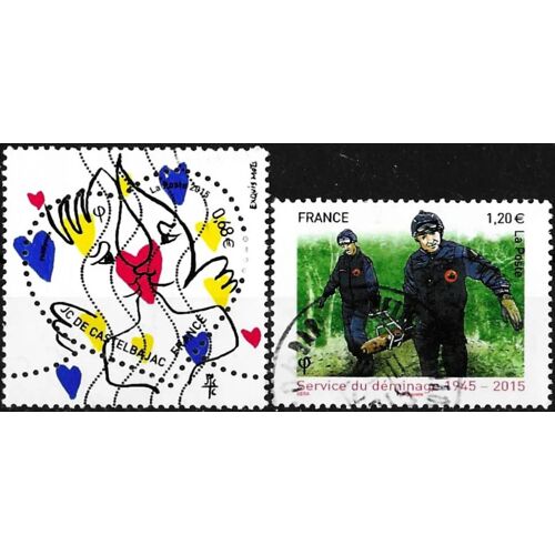 France 2015, Beaux Timbres Yvert 4927, 70ème Anniversaire Des Unités De Déminage Et 4924, Coeur Et Baiser Par Jean Charles De Castelbajac, Oblitérés, Tbe