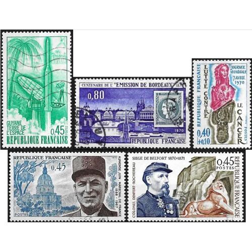 France 1970, Beaux Timbres Yvert 1630 Mal Juin, 1635 Lancement Fusée "Diamant B", 1636 Lutte Contre Le Cancer, 1659 100 Ans De L'émission De Bordeaux Et 1660 100 Ans Du Siège De Belfort, Oblitéré, Tbe