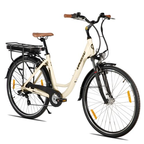 Hiland Montura Vtt Électrique 28 Pouces, Vélo Électrique Unisex Avec Moteur 250w & Batterie 10,4ah, Cadre Aluminium, Freins V-Brake, 7 Vitesses, Pneus 700c, E-Bike Urbain Et Trekking - Beige