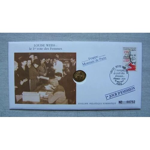 Enveloppe Officielle Timbre Et Medaille Monnaie De Paris " 1er Jour D'Émission " Louise Weiss : Le 1er Vote Des Femmes 1993
