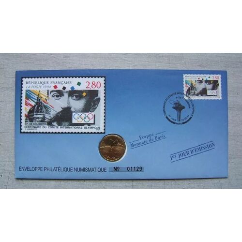 Enveloppe Officielle Timbre Et Medaille Monnaie De Paris " 1er Jour D'Émission " Centenaire Du Comité International Olympique 1994