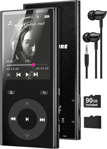 90Go Lecteur MP3 Bluetooth 5.3, MP3 Player avec 2 Emplacements pour Cartes TF, Écran Couleur 2,4", Bouton Tactile, Baladeur MP3 avec Haut-Parleur, Son HiFi, Jusqu'à 256 Go Supportés