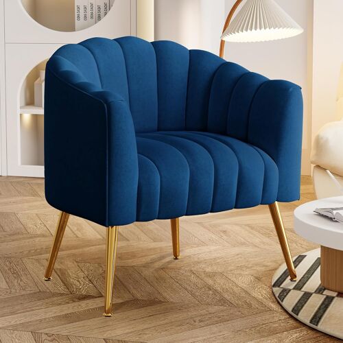 Fauteuil Design Moderne en Tissu Rembourré, Chaise d¿Accent avec Dossier Arrondi et Pieds Métal, pour Salon ou Chambre(Bleu)
