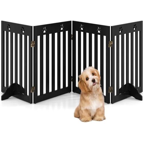 COSTWAY Barrière de Sécurité Modulable Pliable pour Animaux Chiens à 4 Panneaux avec 2 Pieds de Support Amovibles, 204x61CM, Marron