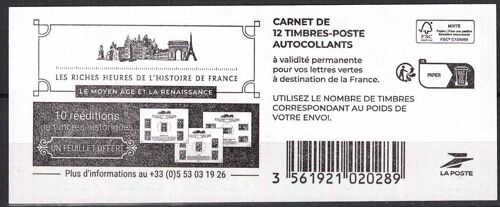 Carnet De Timbres Marianne Neuf. Autocollants. Les Riches  Heures De L'Histoire De France.