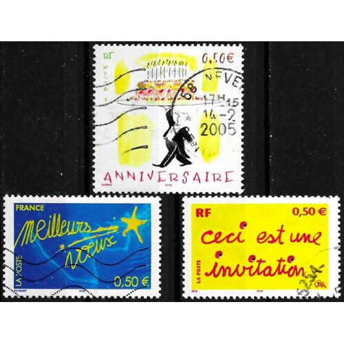France 2004, Beaux Timbres Yvert 3636 "Ceci Est Une Invitation", 3688 Sempé Anniversaire, Un Maitre D'hôtel Porte Un Gâteau, 3728 "Meilleurs Voeux", Oblitérés, Tbe.