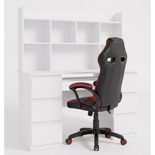 KUBA - Bureau avec rallonge, 6 tiroirs , blanc + DRIFT- Fauteuil , rouge - 130x146x67 cm - ENSEMBLE