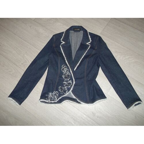 Veste Escada Jean Bleu Foncé, Fleur, Frangée Taille S Neuve