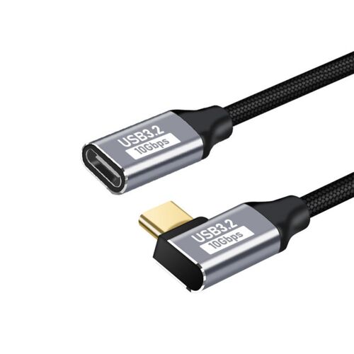 Câble d'extension USB-C coudé mâle vers femelle - Fonction complète PD 100W eMarker, alliage d'aluminium + nylon tressé, longueurs multiples 0,25 m