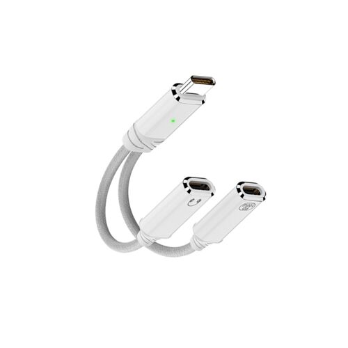 Adaptateur Type-C 2-en-1 charge et audio compatible avec Apple ¿ Charge rapide PD 100W, Audio USB 2.0 480Mbp, câble tressé alliage d'aluminium Blanc