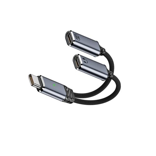 Adaptateur Type-C 2-en-1 charge et audio compatible avec Apple ¿ Charge rapide PD 100W, Audio USB 2.0 480Mbp, câble tressé alliage d'aluminium Gris